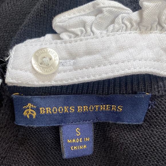 Brooks Brothers Black Crew Neck Sweater White Ruffle Collar Detail 100% Cotton - Picture 6 of 8